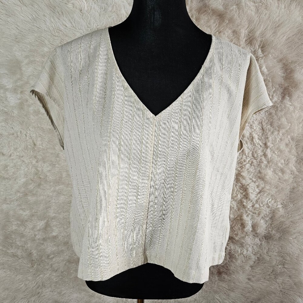 Modern Works Women's Linen Blend Cream and Gold Stripes V-Neck Blouse Top Siz M